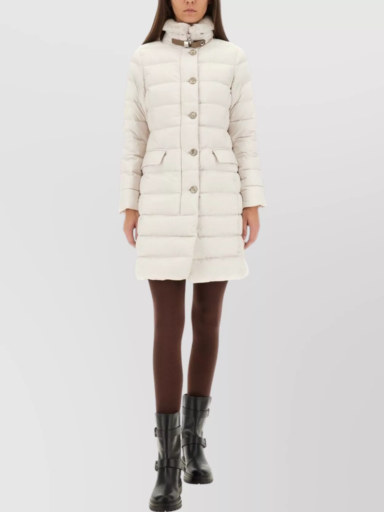 Moorer Long Padded Coat With Belt And High Collar In White