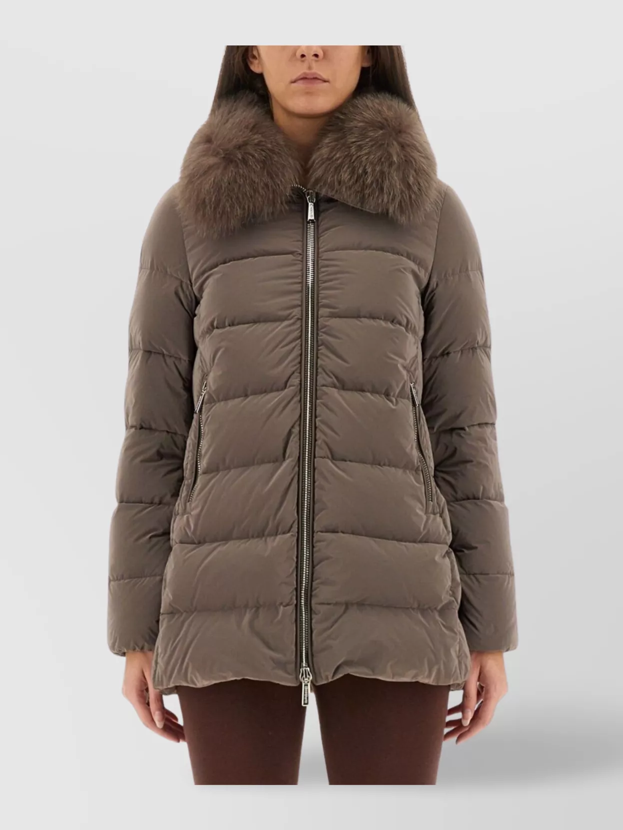 Moorer Long Padded Quilted Jacket With Fur Collar In Neutral