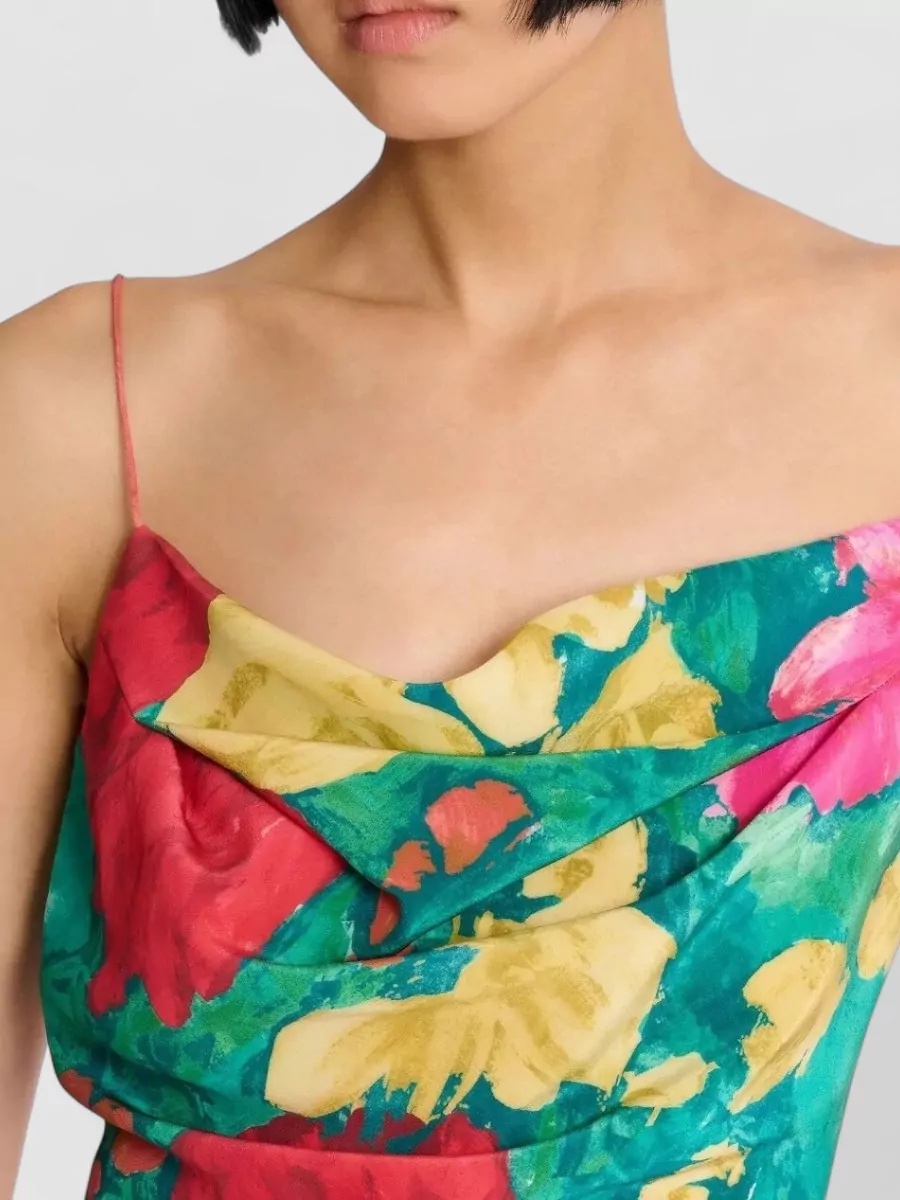 Balmain Silk Floral-Print Cowl-Neck Camisole Top