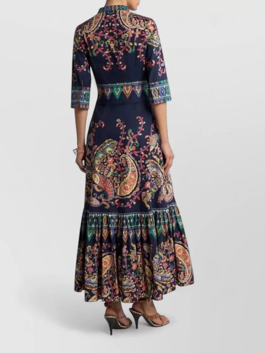 Etro Silk Floral-Print Paisley-Print Mandarin-Collar Three-Quarter-Sleeve Layered Maxi Dress