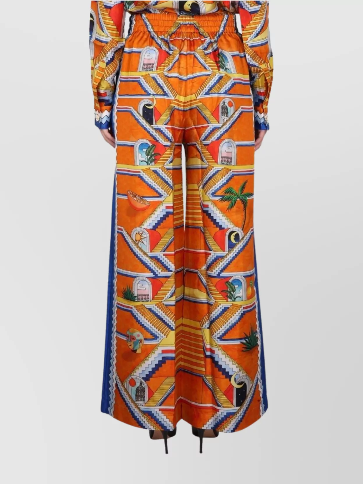 Casablanca Staircase Print Elastic Waist High-waisted Pants