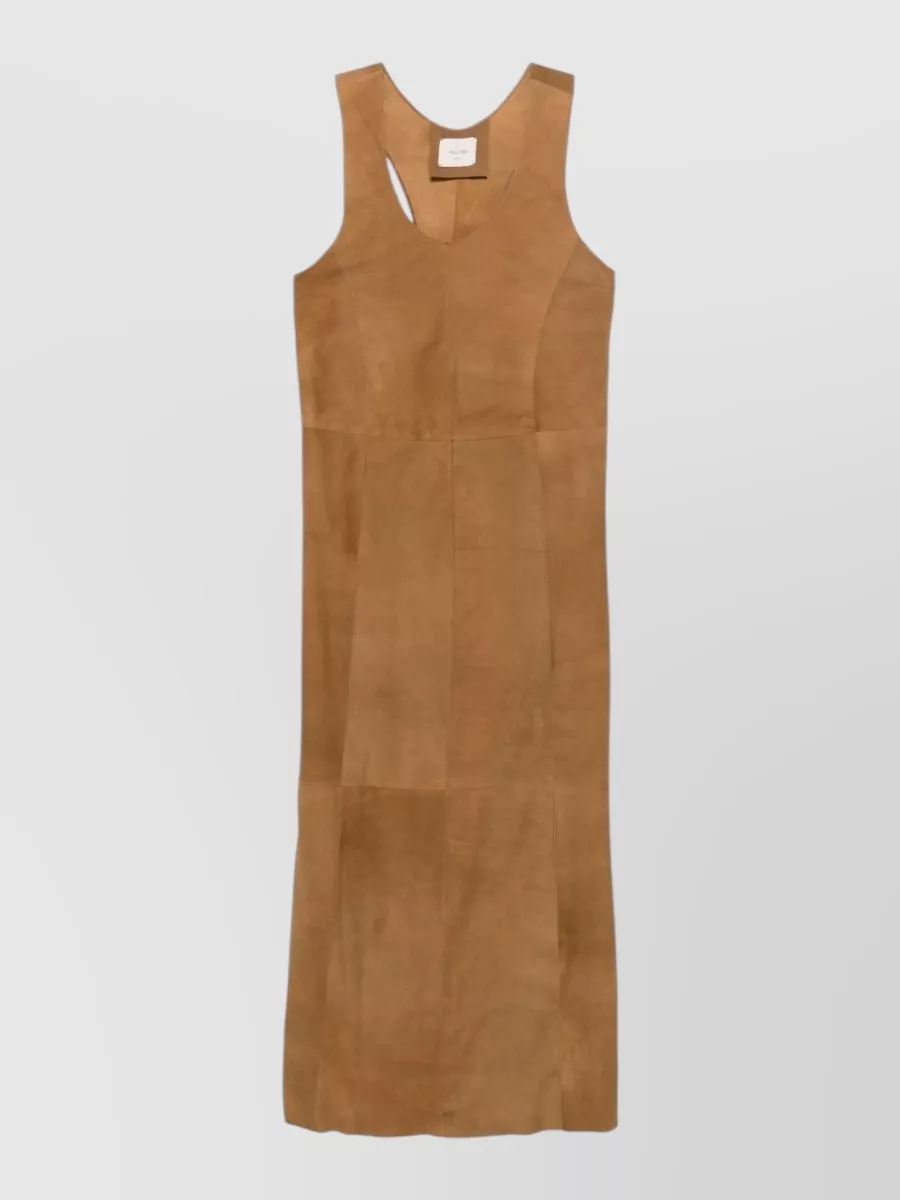Alysi Suede Leather V-Neck Sleeveless Pleated Maxi Dress