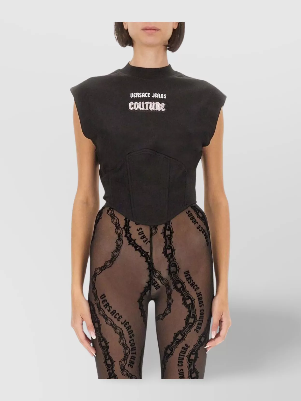 Shop Versace Jeans Couture Logo Cap Sleeve Cropped Slim Fit Tops