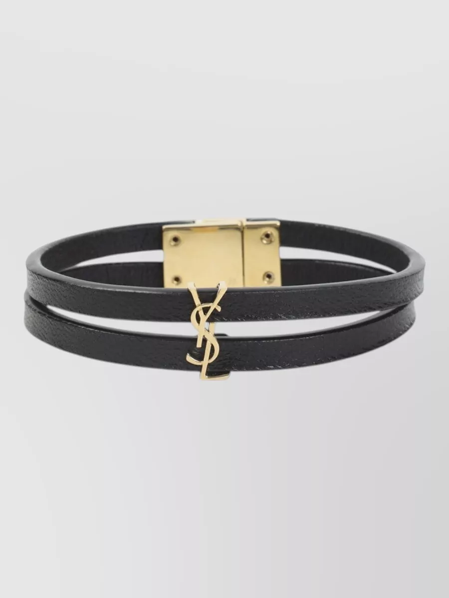Saint Laurent Leather Double Wrap Bracelet Gold Tone Hardware