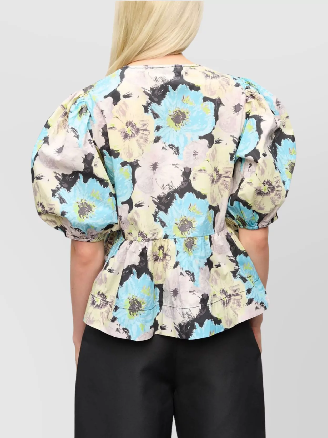 Ganni Floral Print Cotton Peplum Blouse