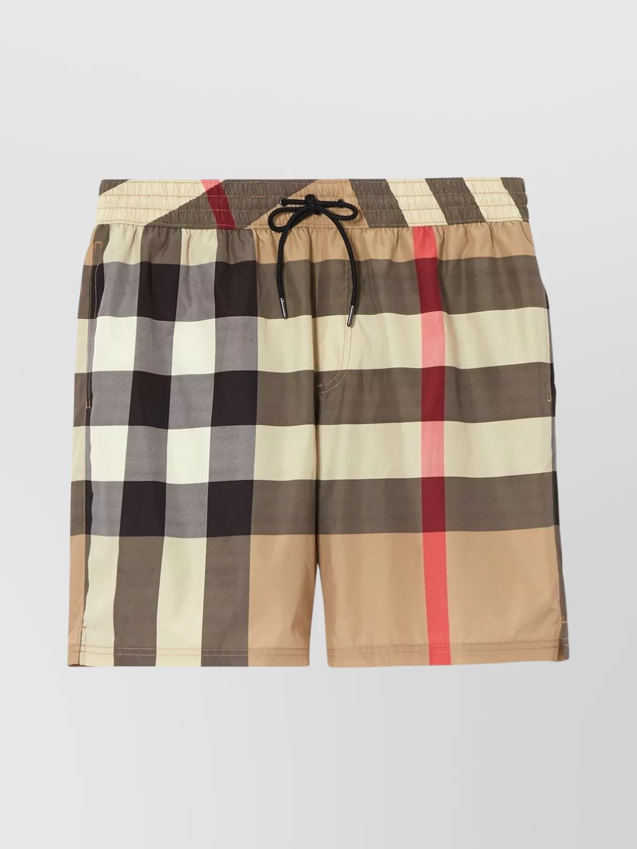 Shop Burberry Checkered Elastic Waist Drawstring Beach Shorts In Brown