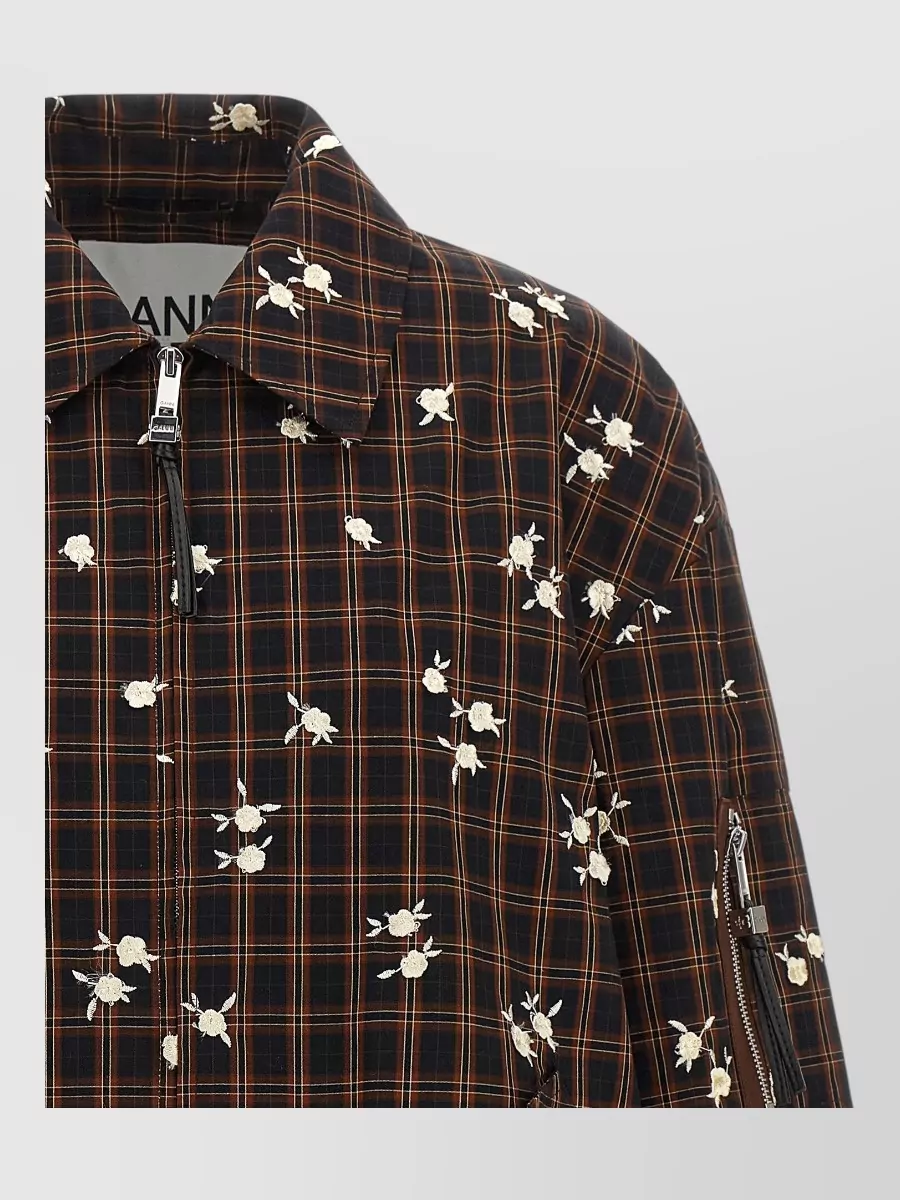 Ganni floral-embroidered checked bomber jacket