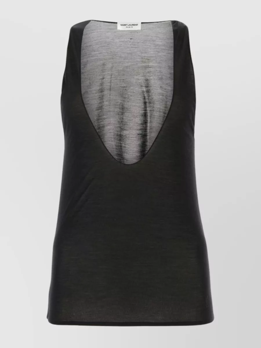 Shop Saint Laurent Sheer Panel Silk V-neck Tank In Black