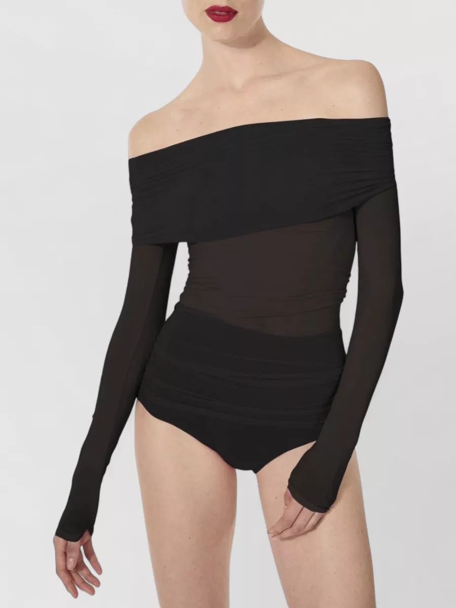 Wolford Off Shoulder Knit Top Ruched Sleeves