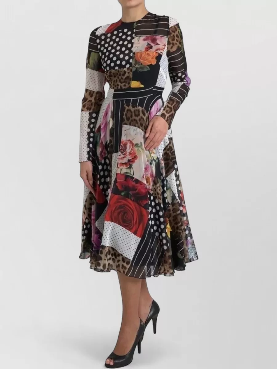 Dolce&Gabbana Silk Patchwork Floral Polka Dot Leopard-Print Midi Dress