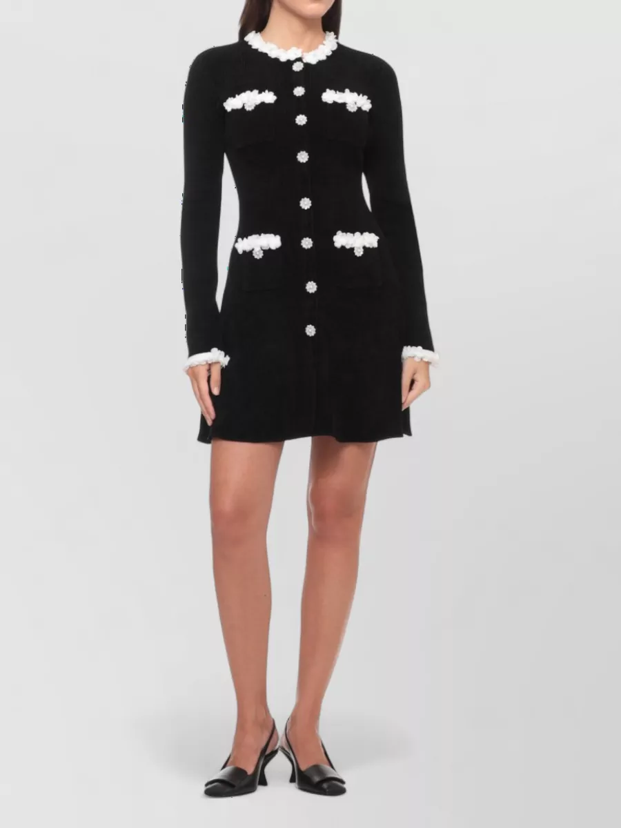 Self-Portrait Ribbed Chenille Knit Flower-Button Mini Dress