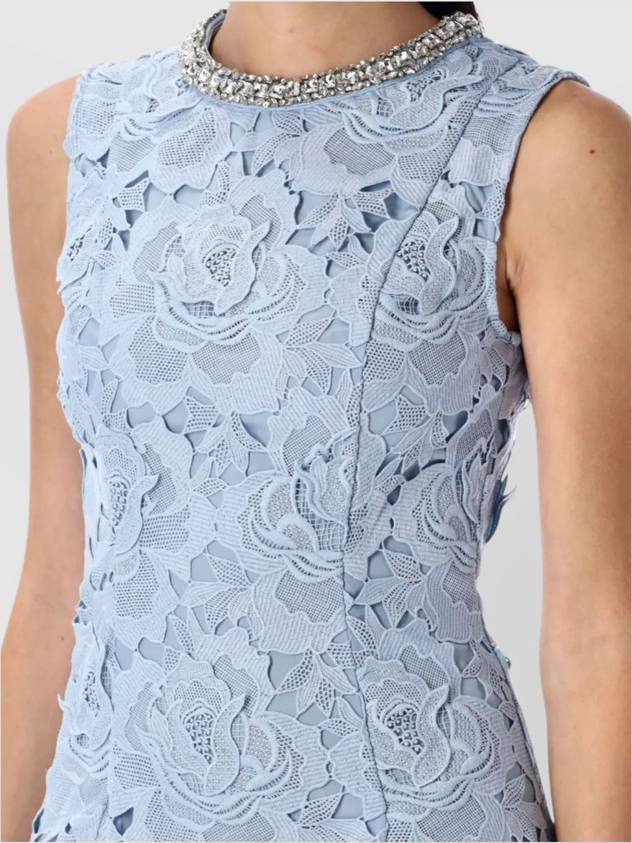 Self-portrait Bue Crewneck Mini Dress With Rhinestoned Collar And All-over Floral Lace Embroidery In Tech Fabric W