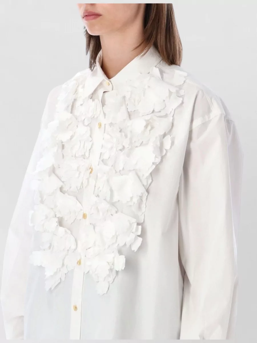 Alberta Ferretti Cotton Floral-Appliqué Long-Sleeve Shirt