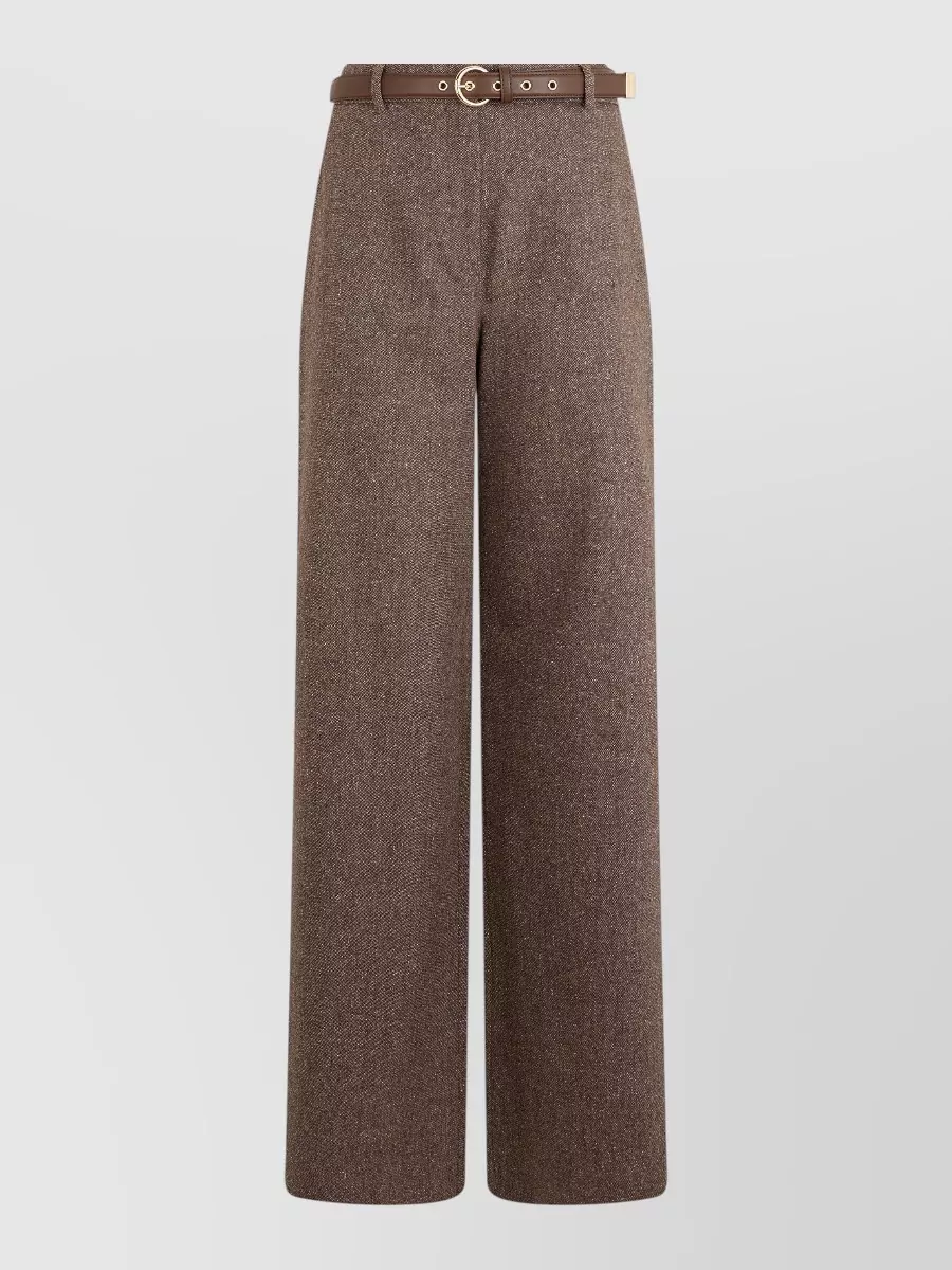 S Max Mara High-rise wide-leg trousers — The S Max Mara chestnut high-waisted wide-leg trouser mirrors the coat’s deep brown while giving the long, straight outerwear a fluid, elongated column in a similarly polished tier.