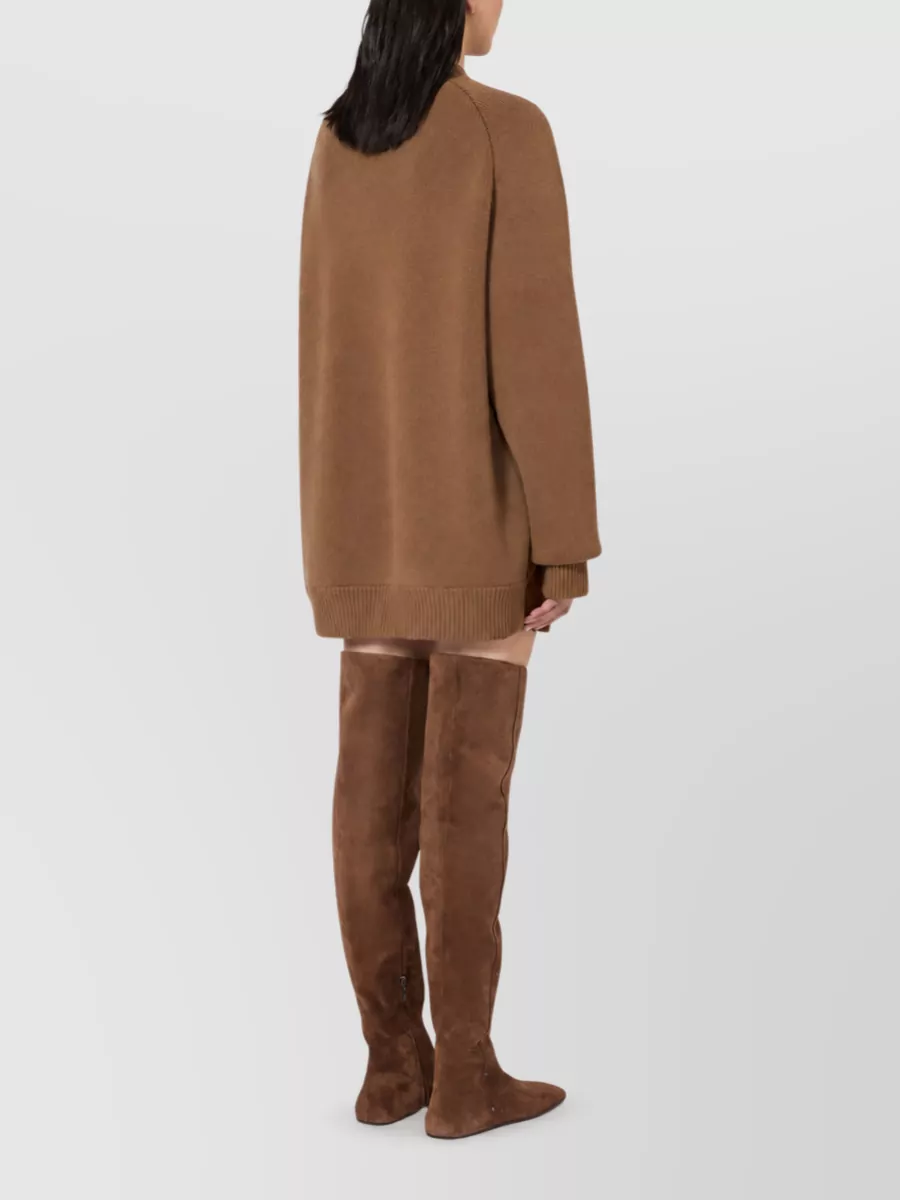Max Mara Cashmere Wool Ribbed Stand Collar Short Knitted Dress