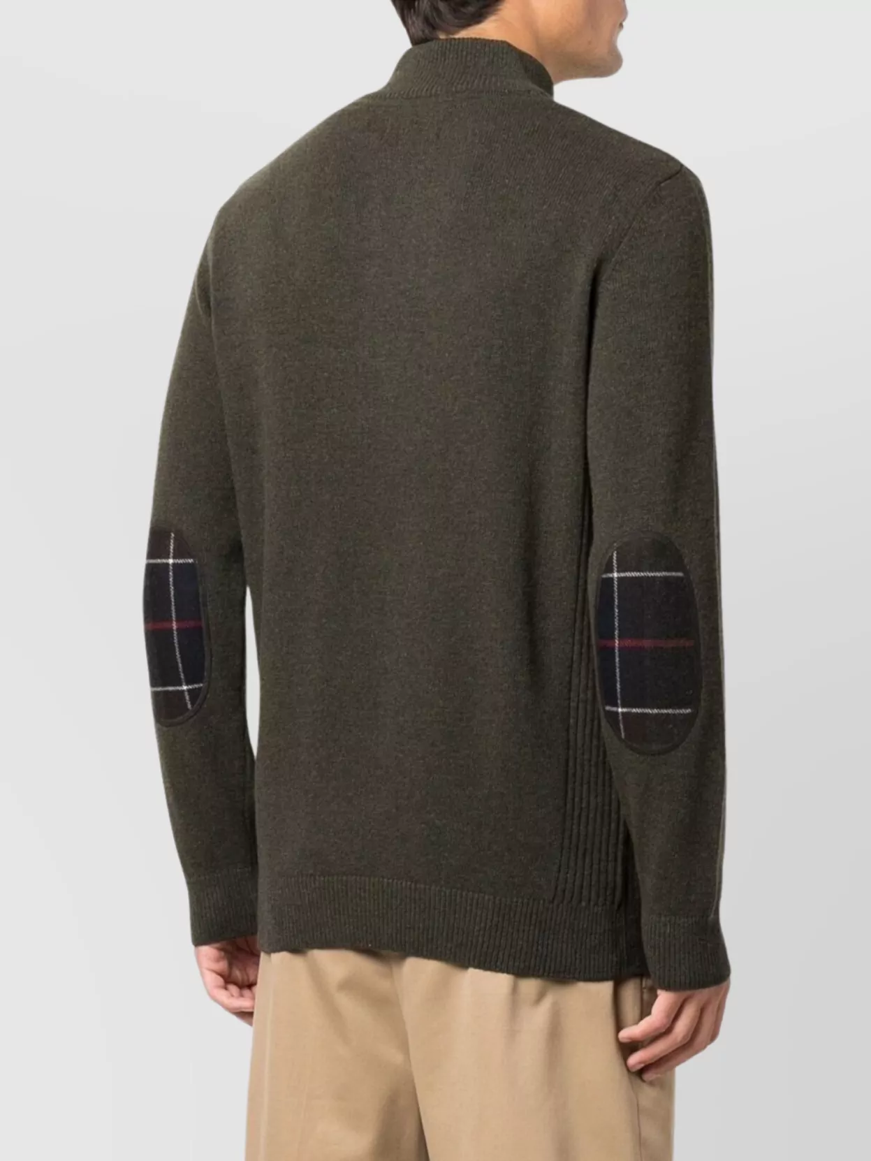 Barbour Khaki-green Wool Half-zip Sweater With Ribbed Edges And Elbow Patches In Gray