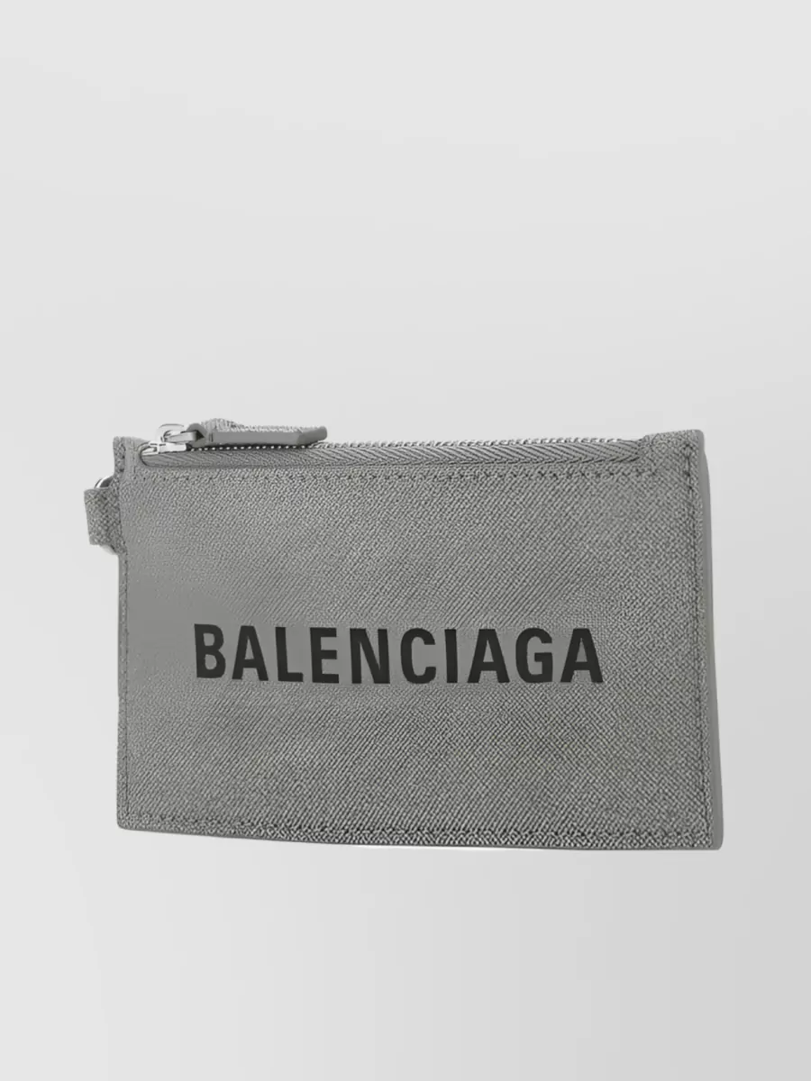 Shop Balenciaga Cash Calf Leather Zip Cardholder With Lanyard Strap In Grey