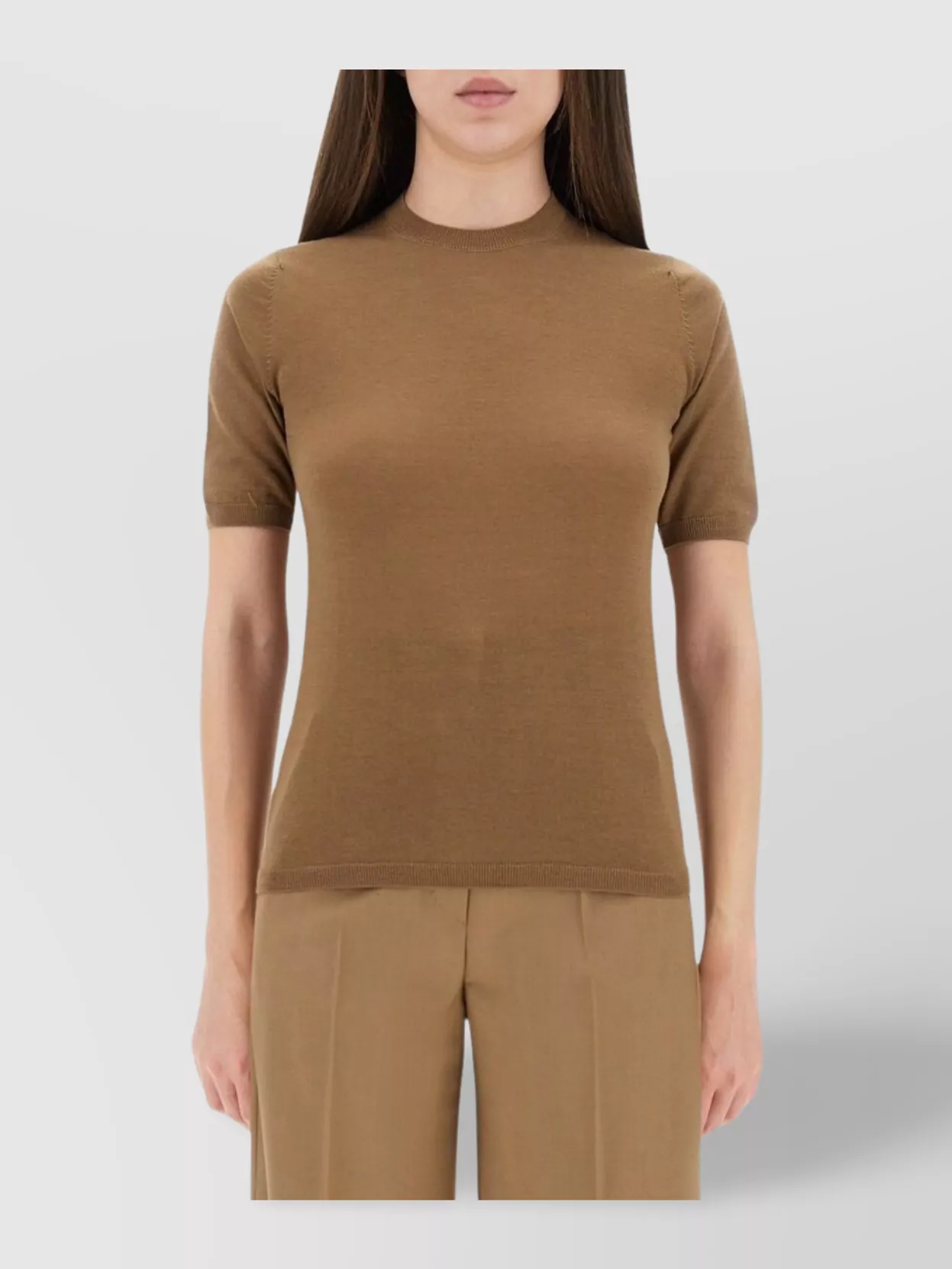 Max Mara Slim Fit Ribbed Knit Short Sleeve Top In Brown