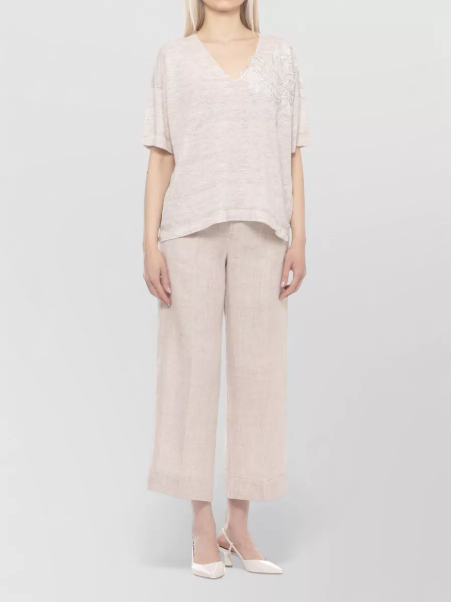 D.exterior Linen Cotton V-Neck Short-Sleeve Top