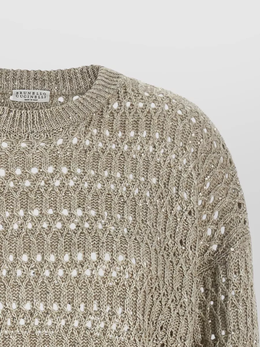 Brunello Cucinelli Openwork Linen-Blend Crew-Neck Long-Sleeve Sweater