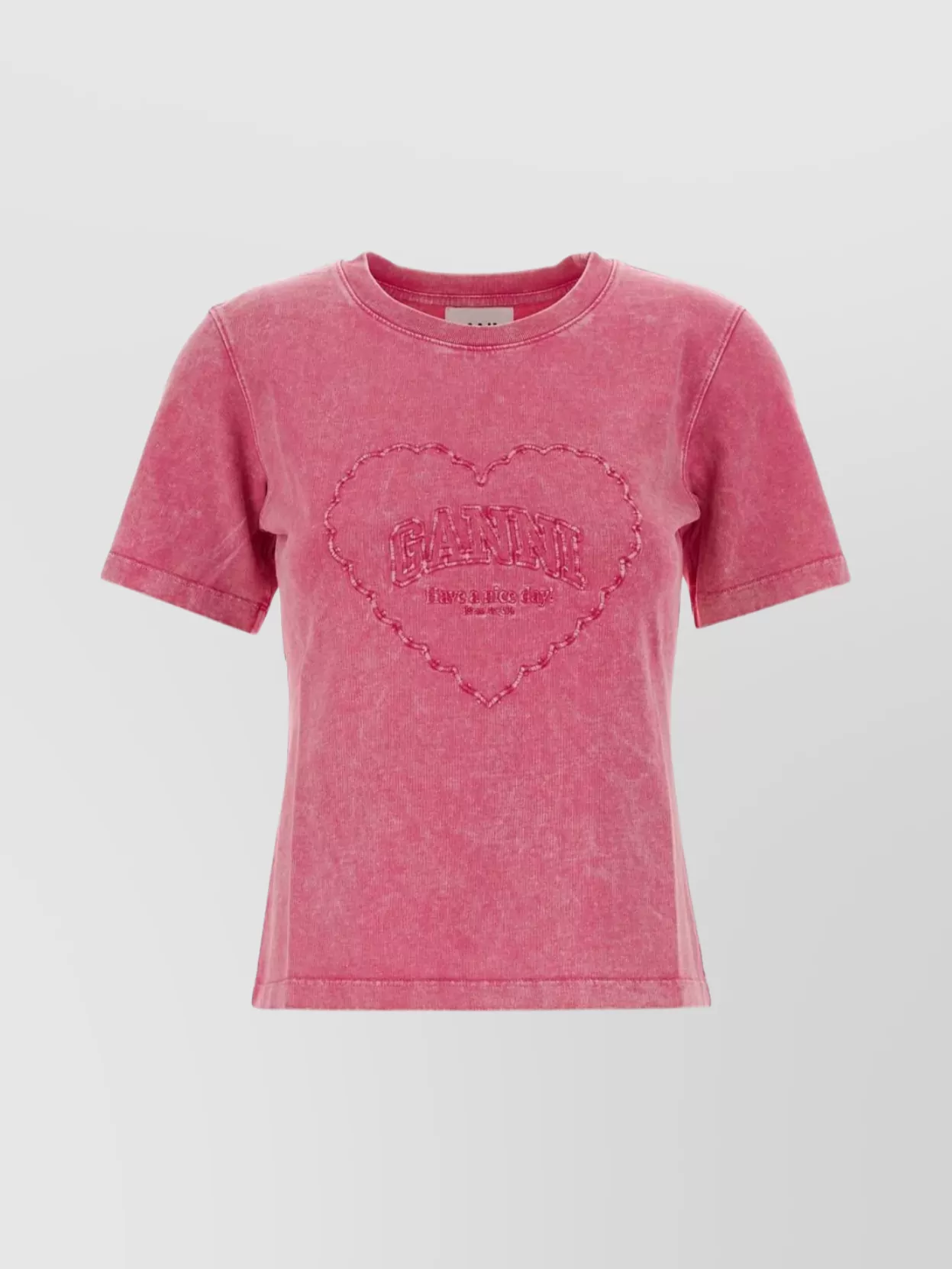 Ganni Cotton T-shirt Featuring Heart Embroidery In Pink