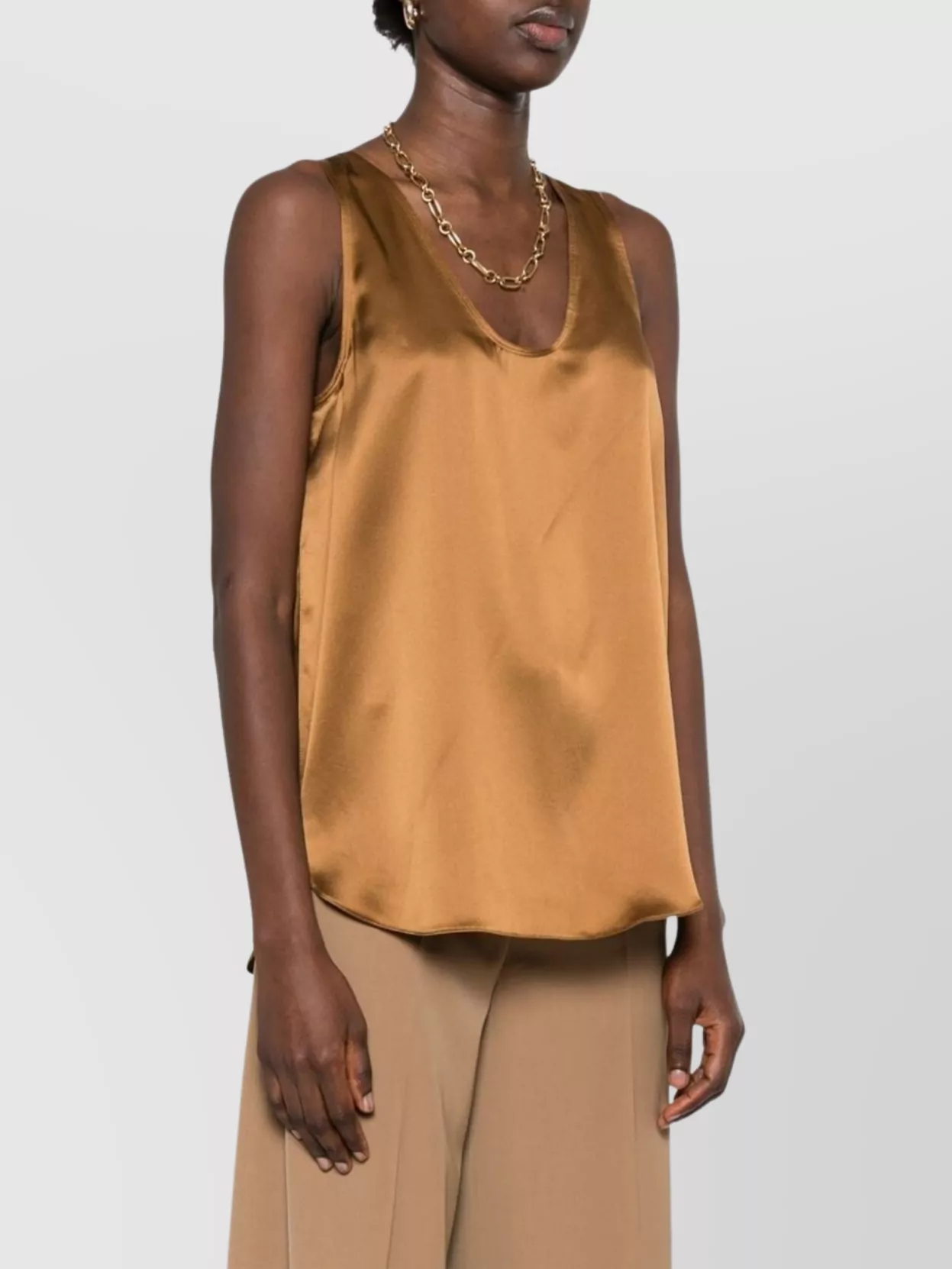 Max Mara Silk Satin Sleeveless Top With Wide Straps In Brown