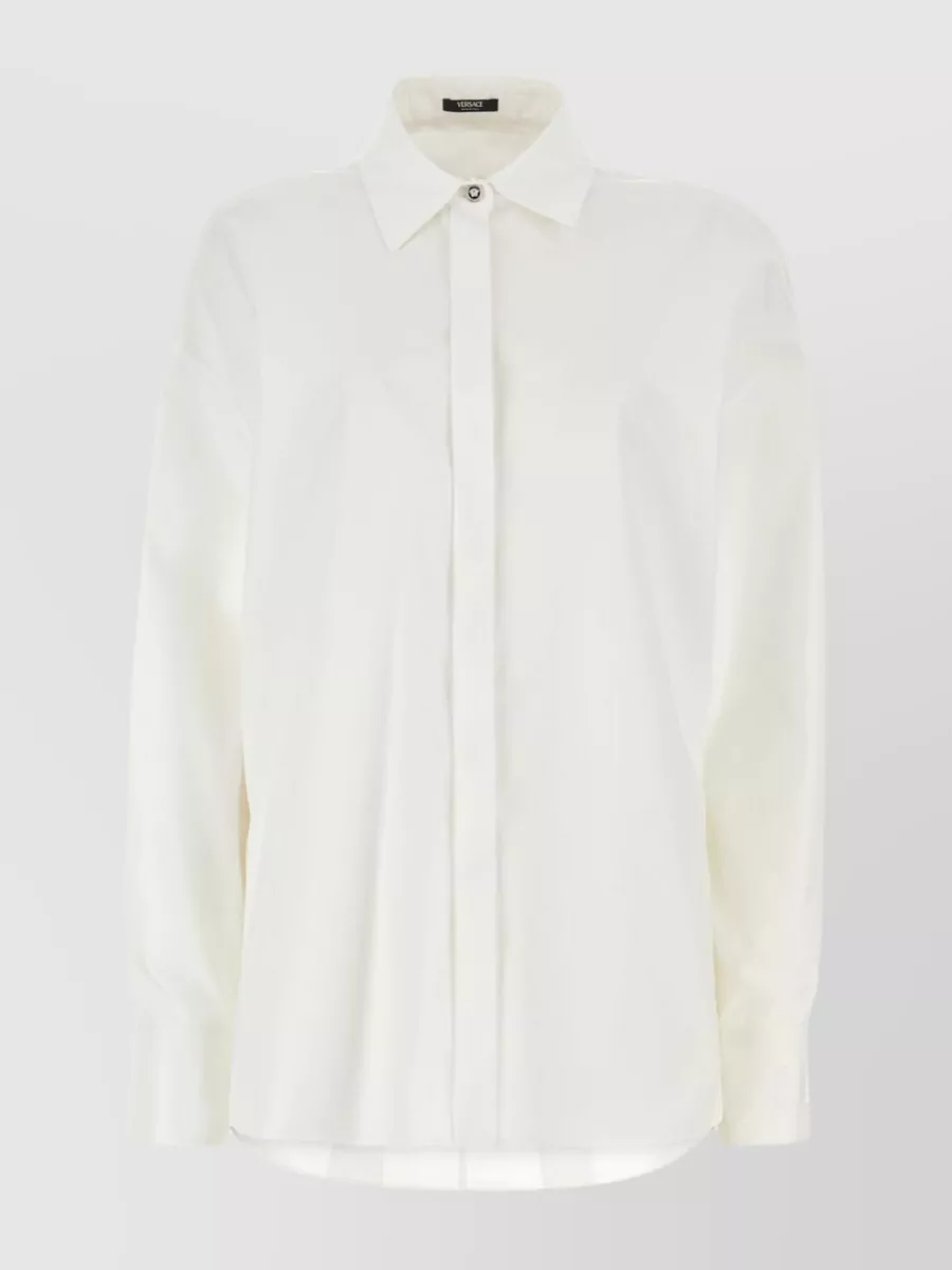 Shop Versace Relaxed Fit Cotton Shirt With Distinctive Design In Cream