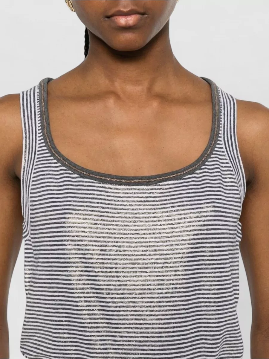 Brunello Cucinelli Linen Tank Top Scoop Neck Stripes Shimmer