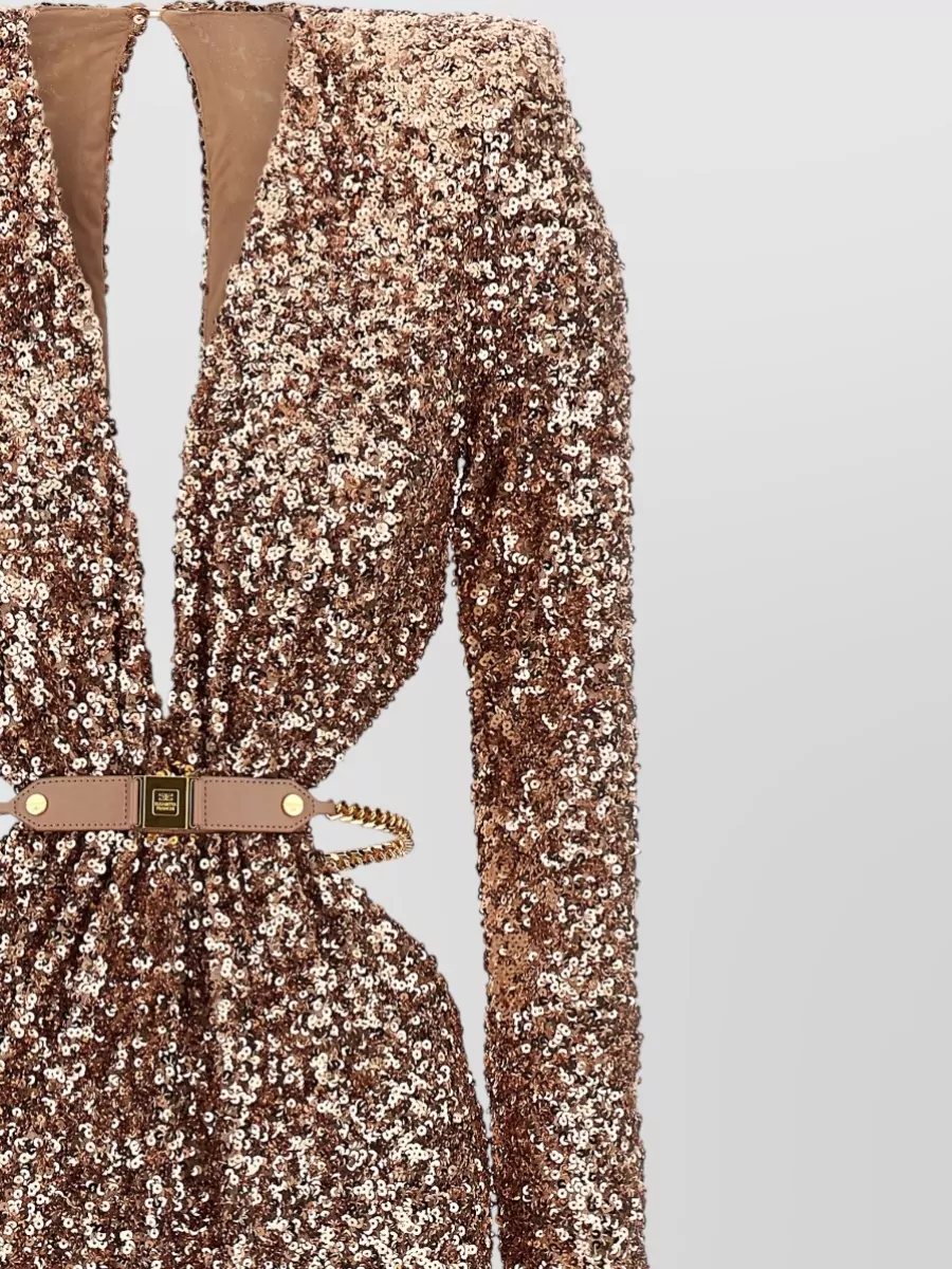 Elisabetta Franchi Sequin Long Sleeve Gown Belted Open Back