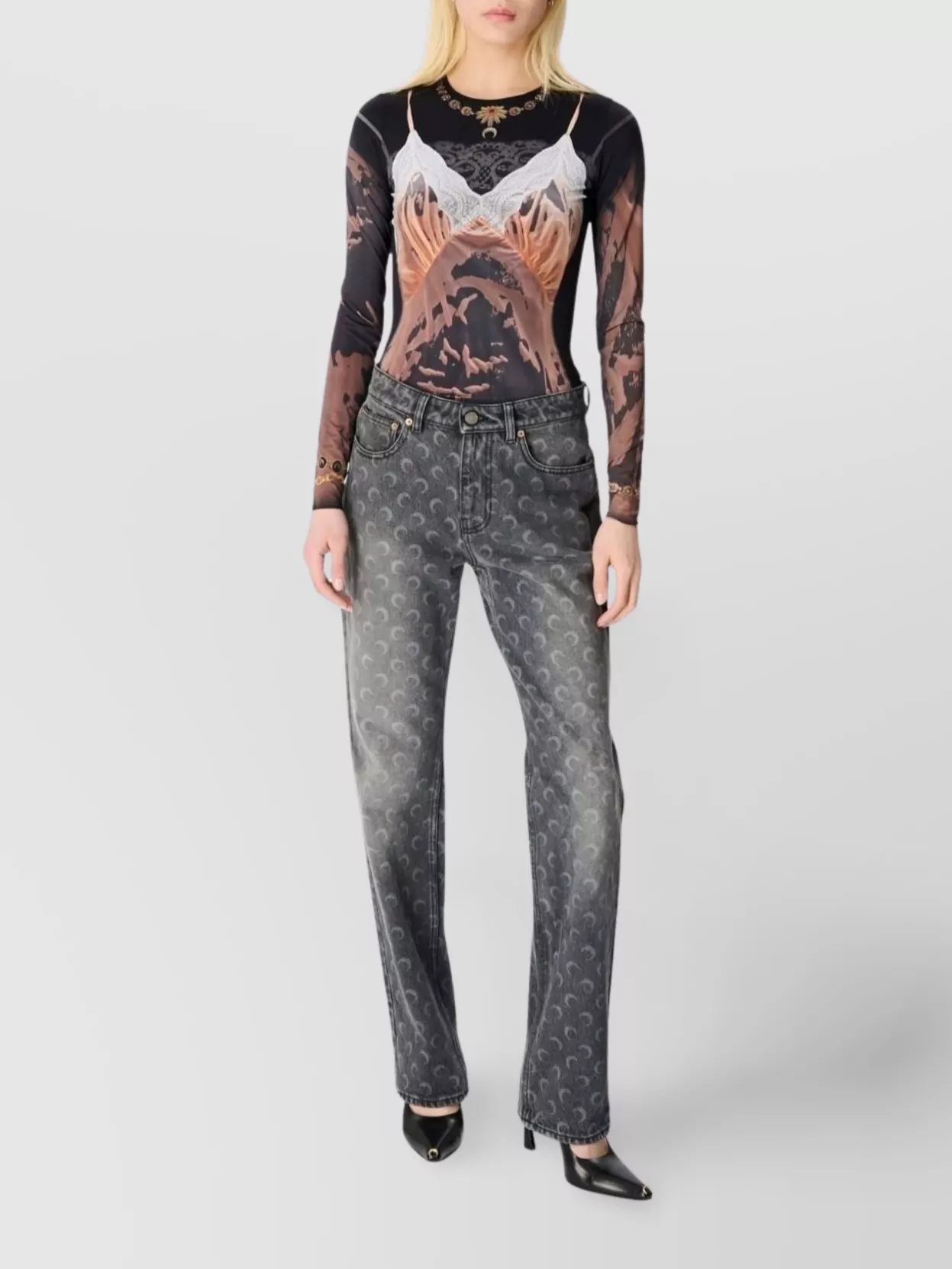 Marine Serre Cotton Jeans With Moon Print And Pockets In Black