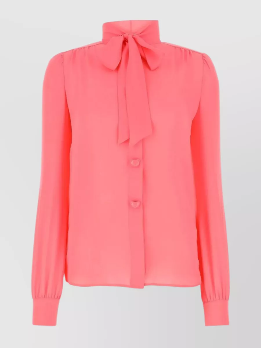 Shop Moschino Silk Blouse With Shoulder Gatherings And Bow Collar In Pink