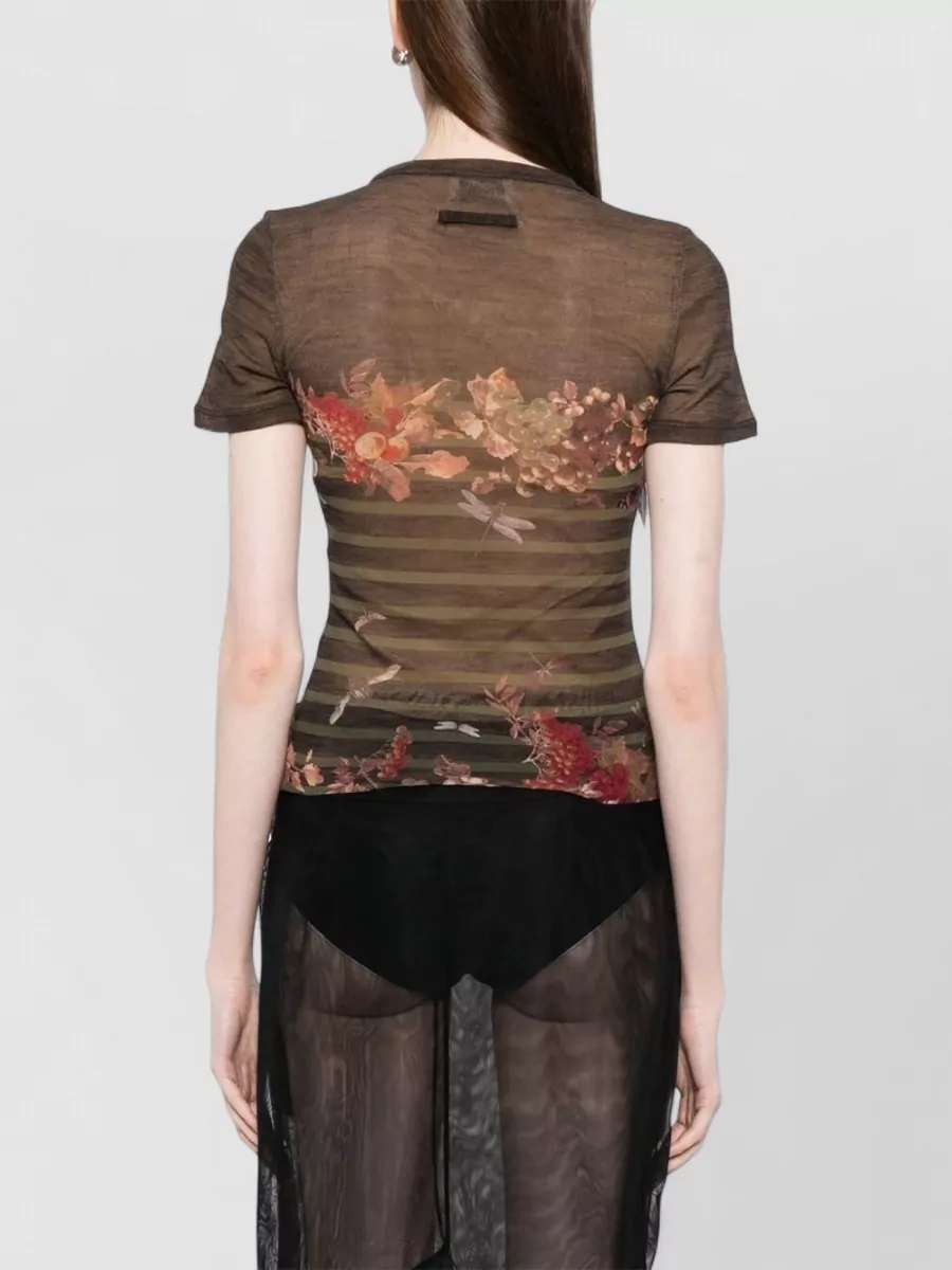 Jean Paul Gaultier Short Sleeves Round Neck Floral Striped Top