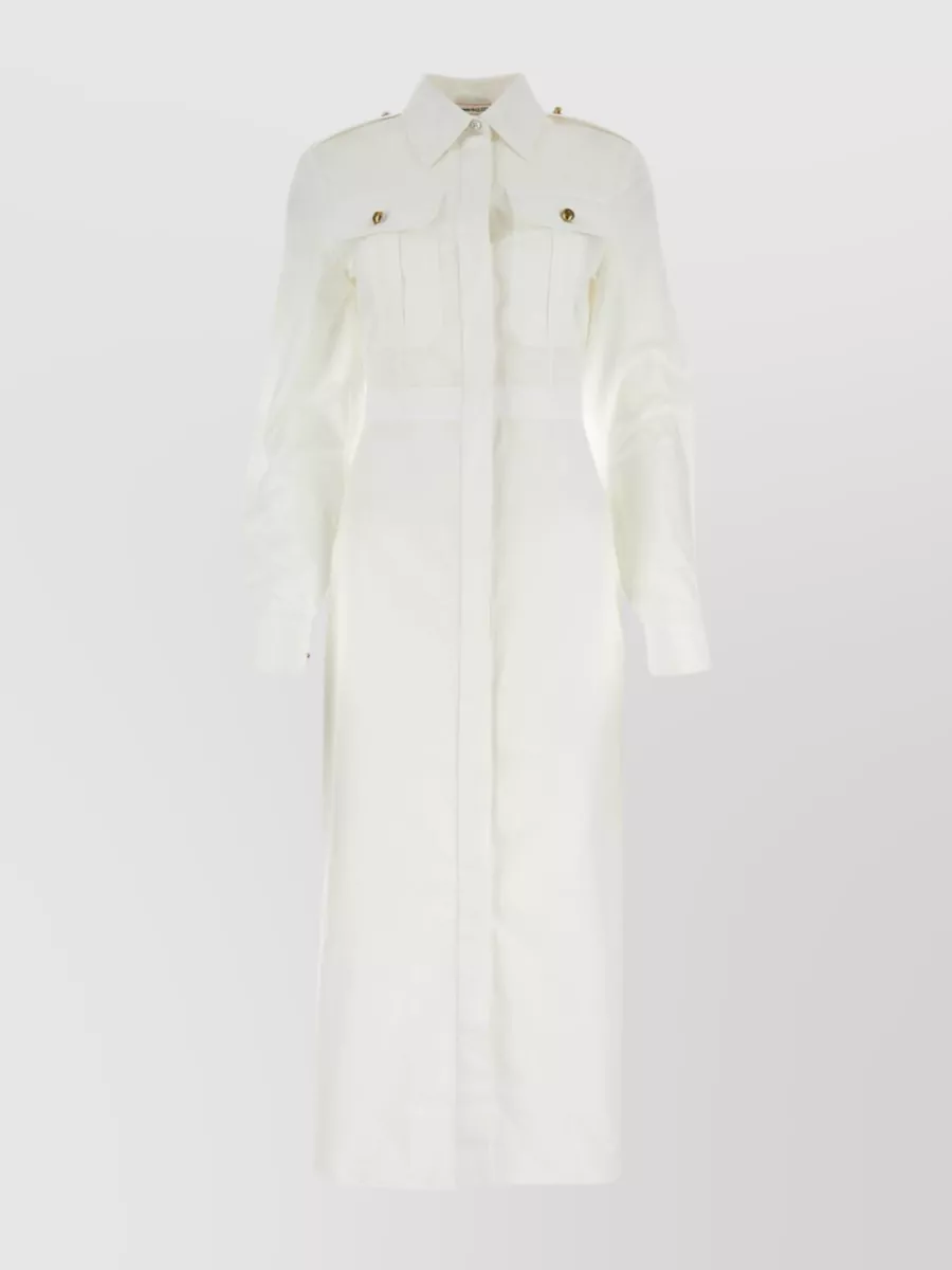 Shop Alexander Mcqueen Cotton Poplin Shirt Dress With Pleated Hemline In Cream