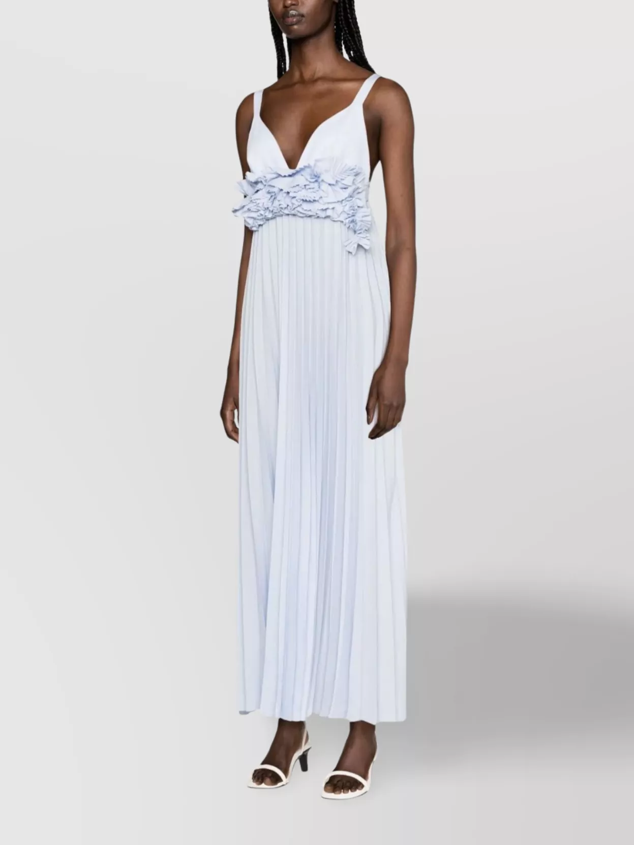 P.a.r.o.s.h Maxi Pleated Ruffle Sleeveless V-neck Dress In Blue