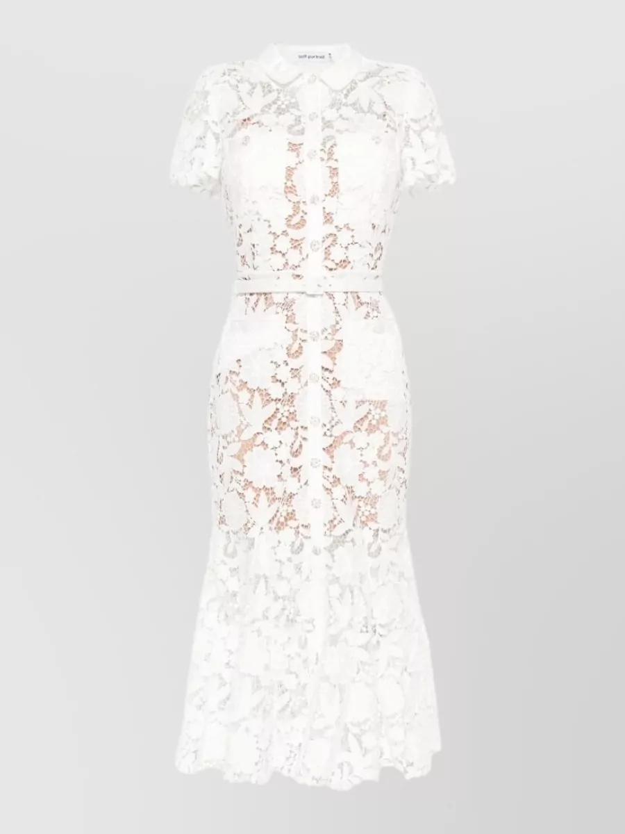Self-Portrait Lace collared short-sleeve belted flared midi dress