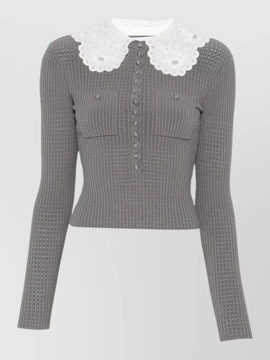 Self-Portrait Pointelle-knit lace-collar blouse