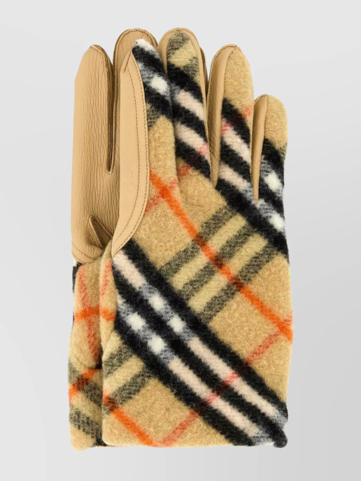 Burberry Leather Palm Plaid Pattern Wool Blend Gloves