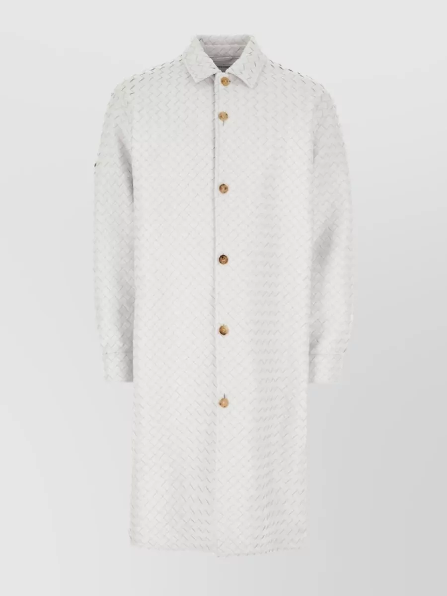 Shop Bottega Veneta Leather Coat With Textured Pattern And Cuff Buttons In White