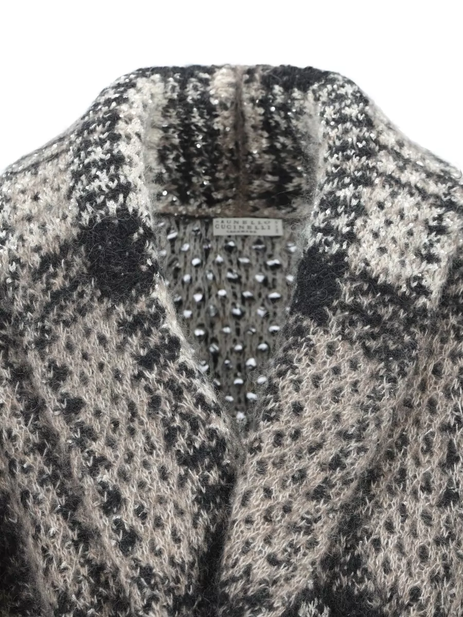 Brunello Cucinelli Checked Wool Cashmere Silk Belted Shawl Collar Coat
