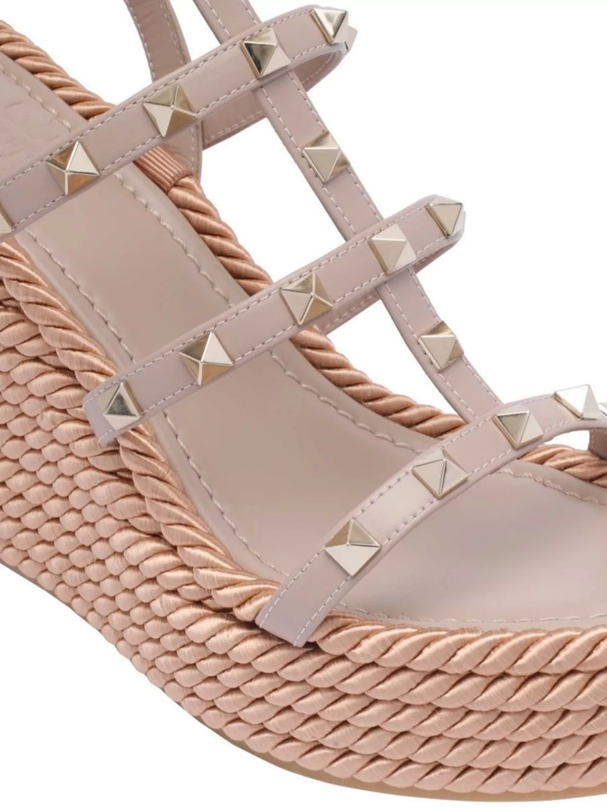Shop Valentino Studded Leather Wedge Sandals With Rafia Platform