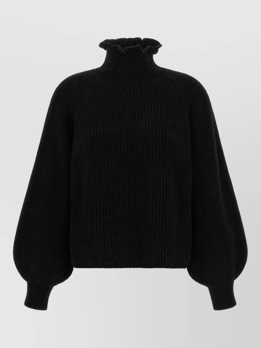 Max Mara wool cashmere ribbed high neck ruffle trim sweater