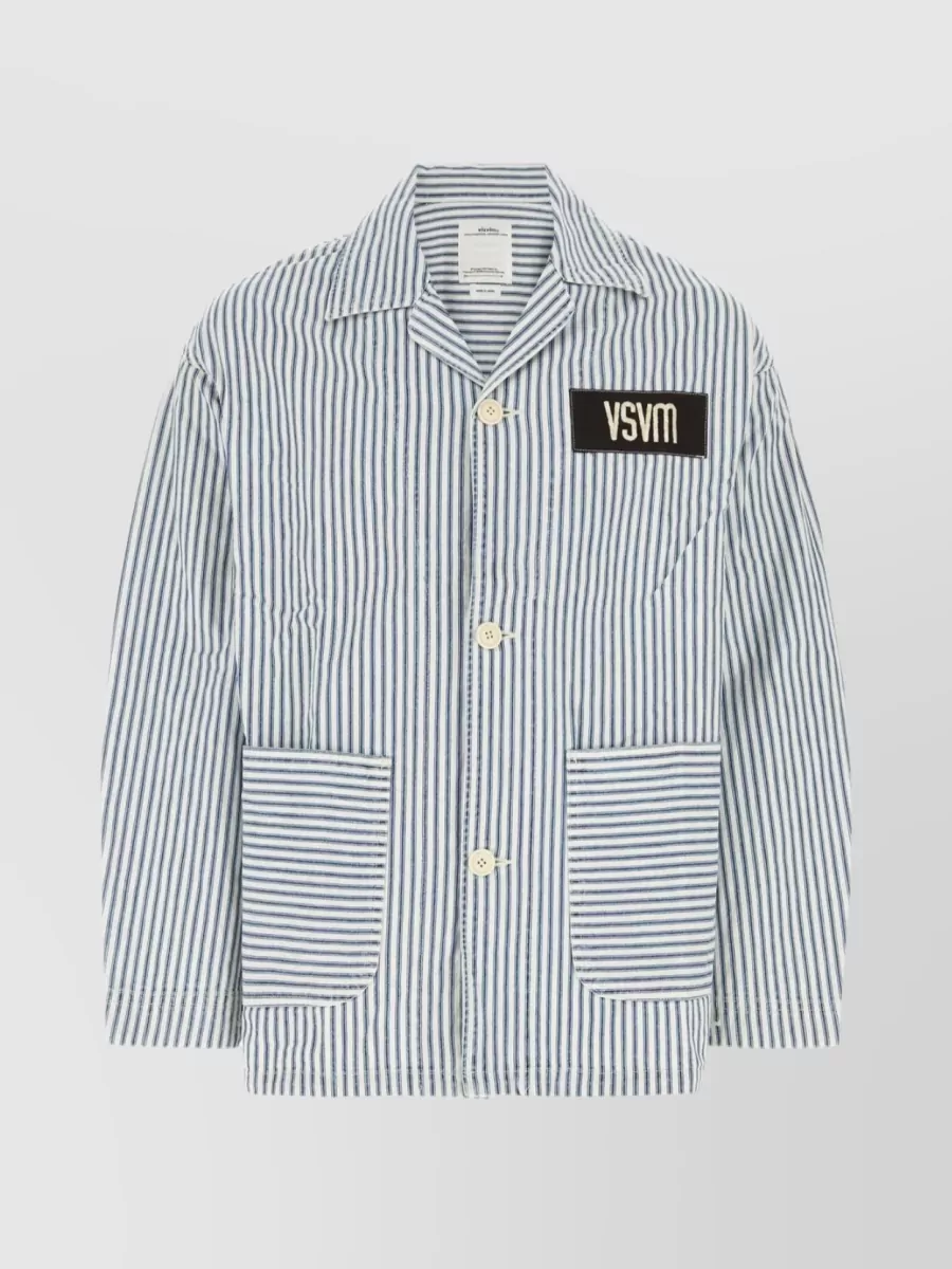 Shop Visvim Striped Embroidered Denim Jacket In Blue