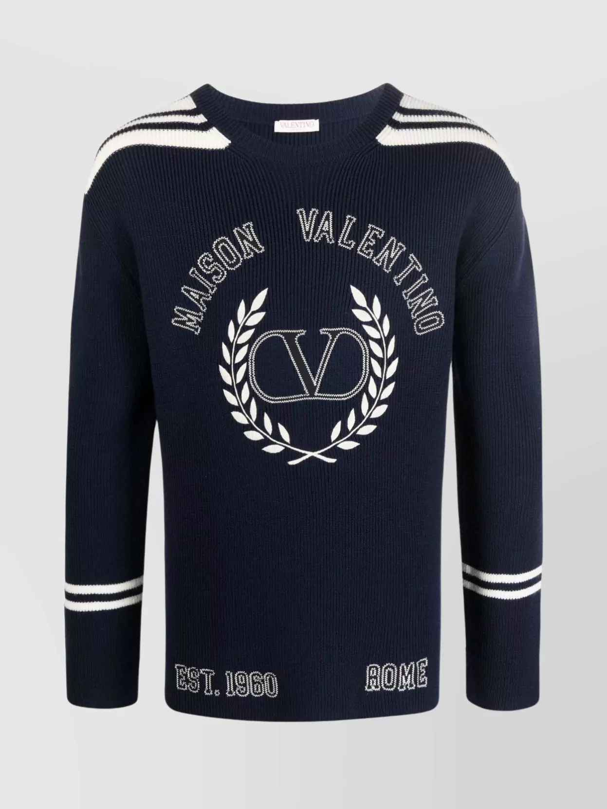 Shop Valentino Embroidered Motif Flocked Wool Crewneck In Blue