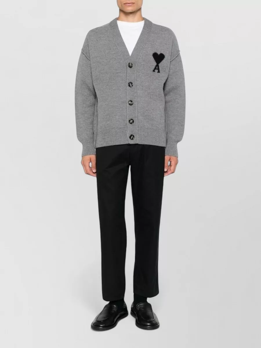 Ami Paris Wool Intarsia-Knit Crew-Neck Long-Sleeve Cardigan