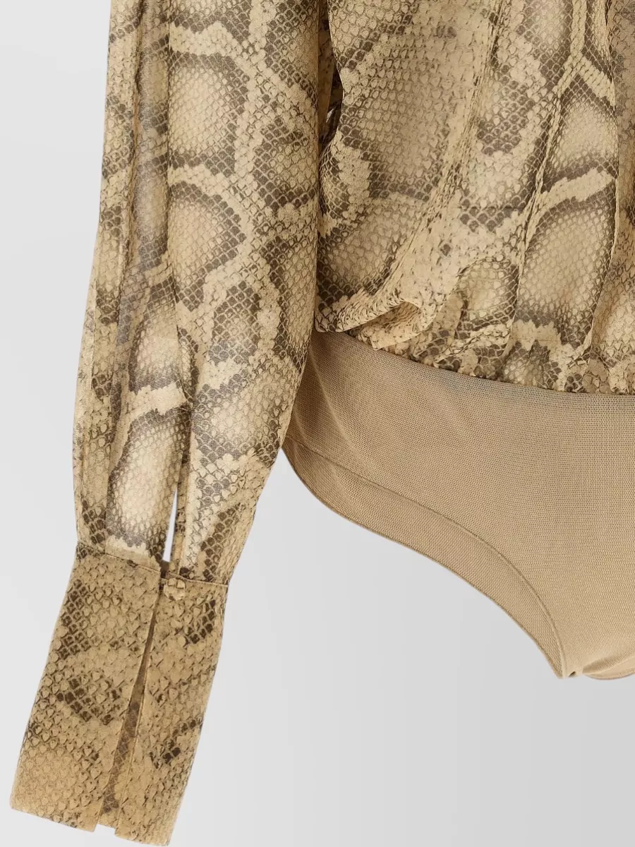 The Andamane Paloma Snake Print Collared Long Sleeve Bodysuit In Brown