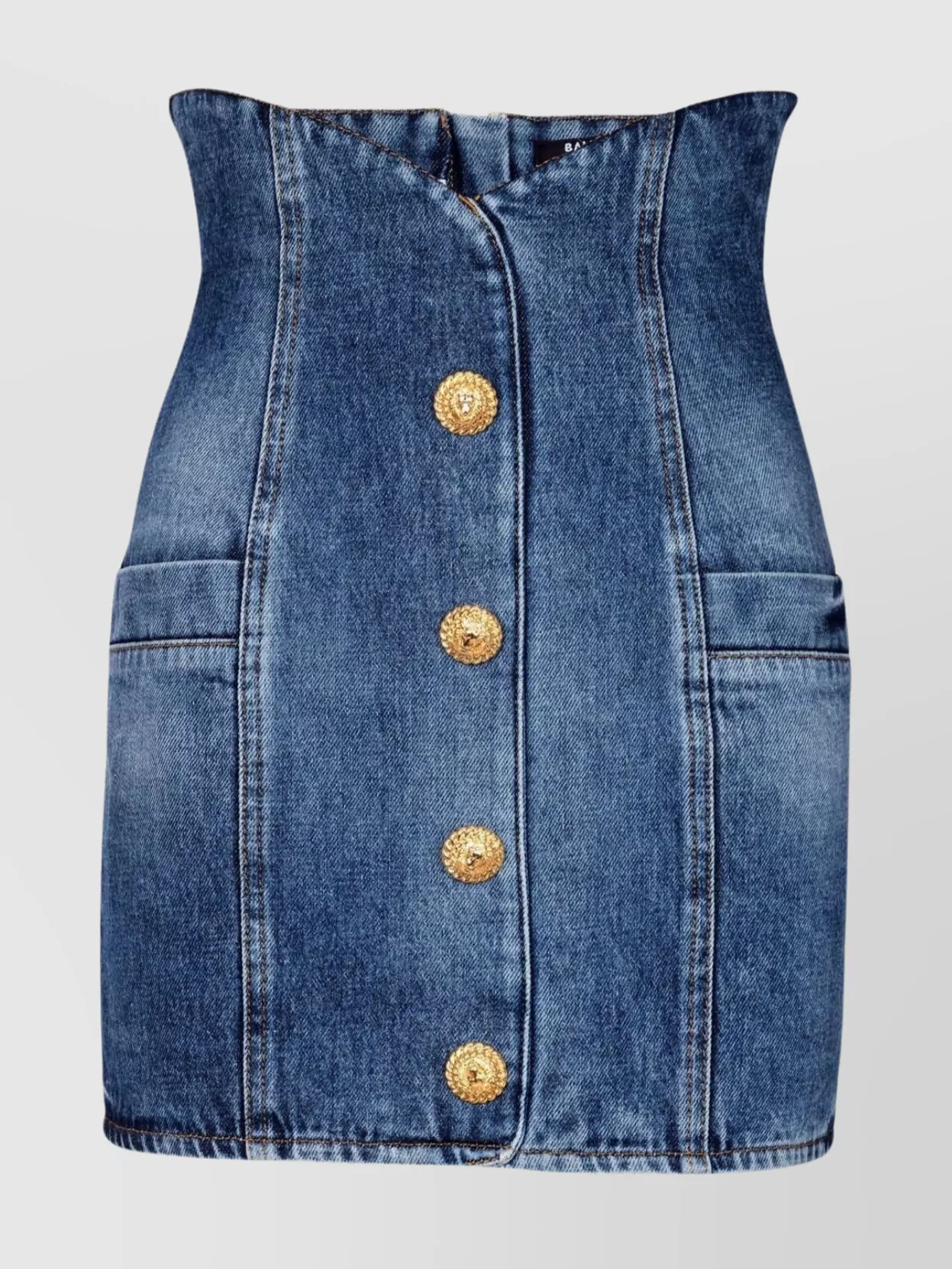Shop Balmain Denim Skirt With Contrast Stitching And Gold Buttons
