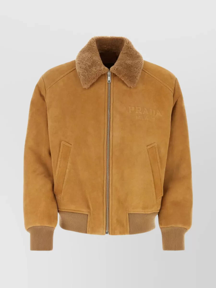 Shop Prada Shearling Collar Ribbed Hemline Jacket In Brown