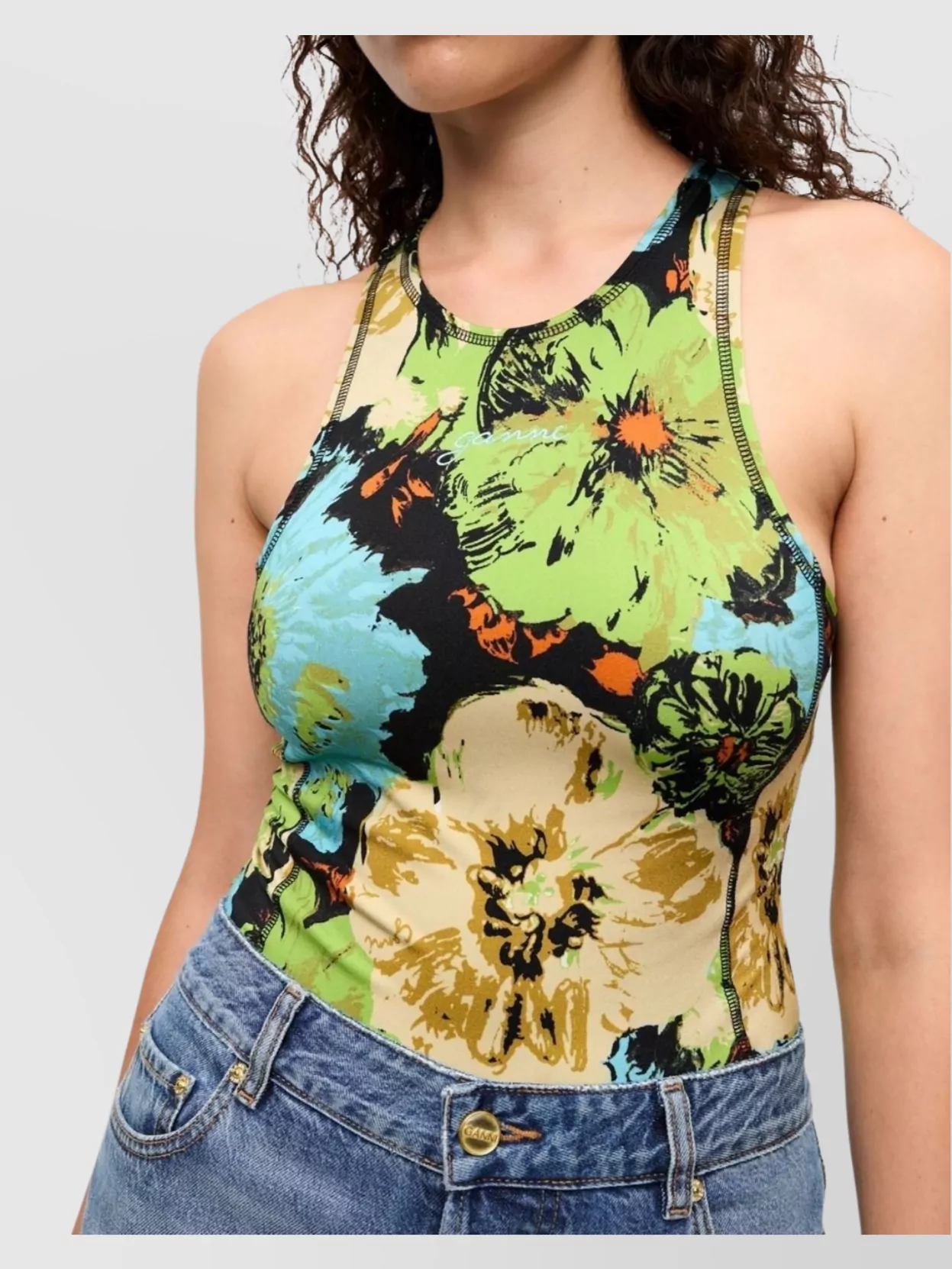 Ganni Floral Racerback Bodysuit In Stretch Fabric
