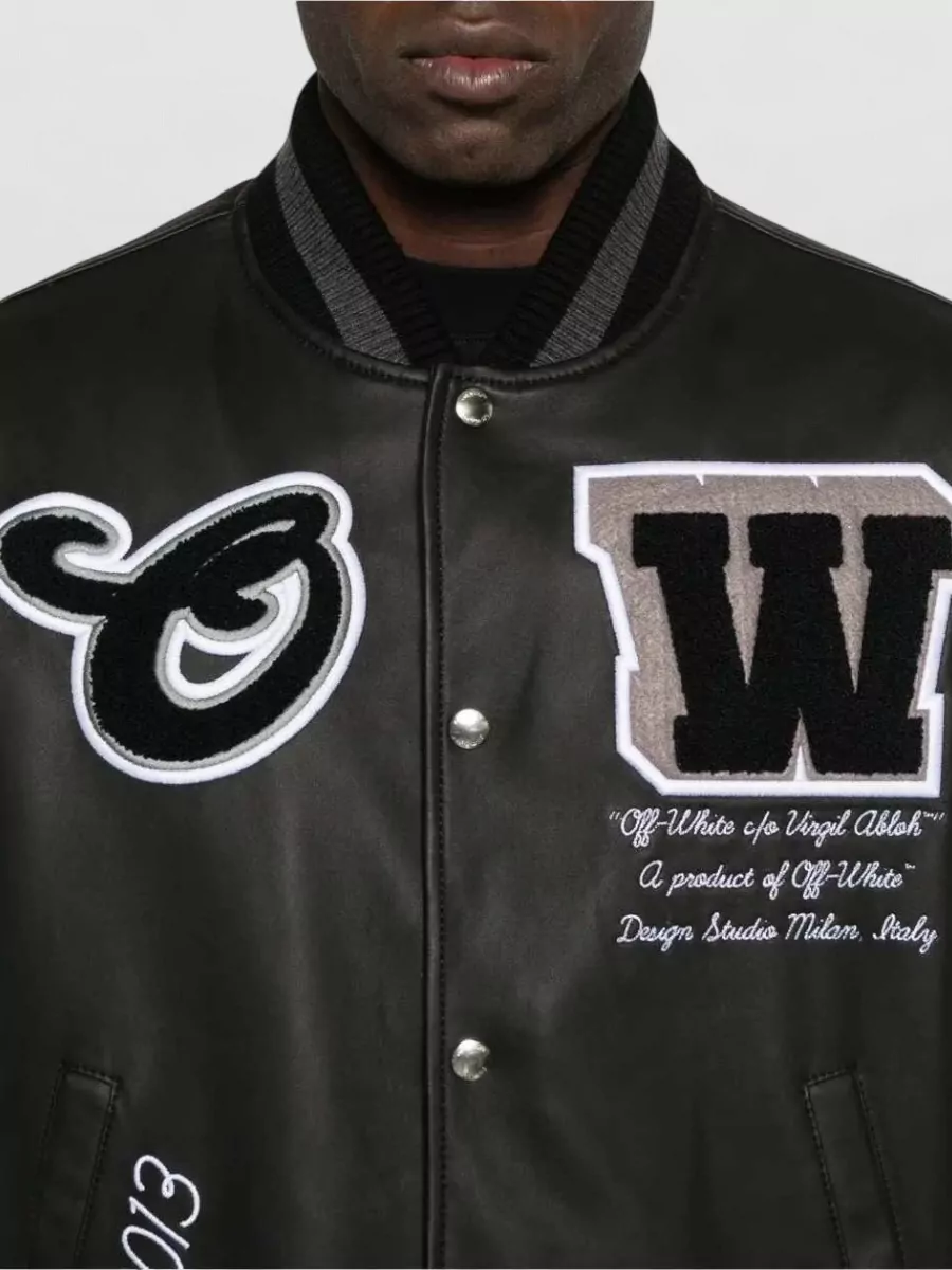 Off-White Leather Varsity Bomber Jacket Ribbed Trim