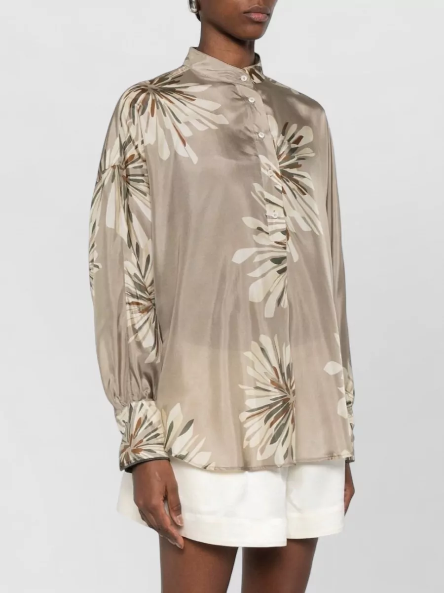 Brunello Cucinelli Silk Floral Print Long Sleeve Shirt